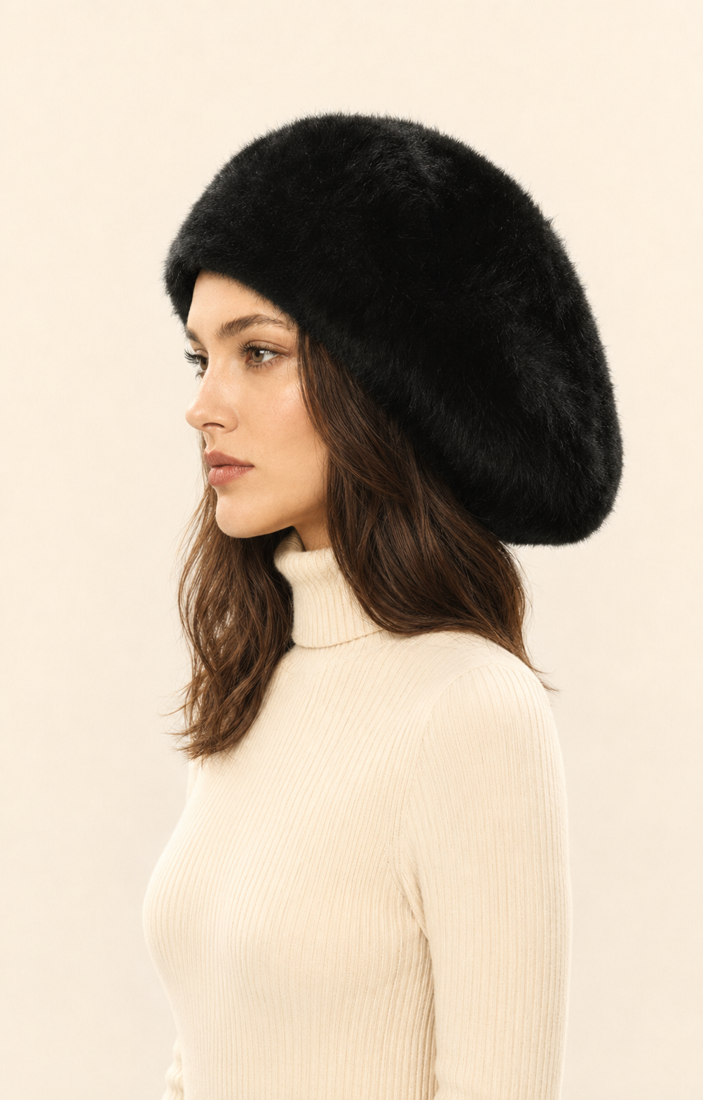 Woman wearing a black oversized satin-lined rabbit-hair blend beret, side view