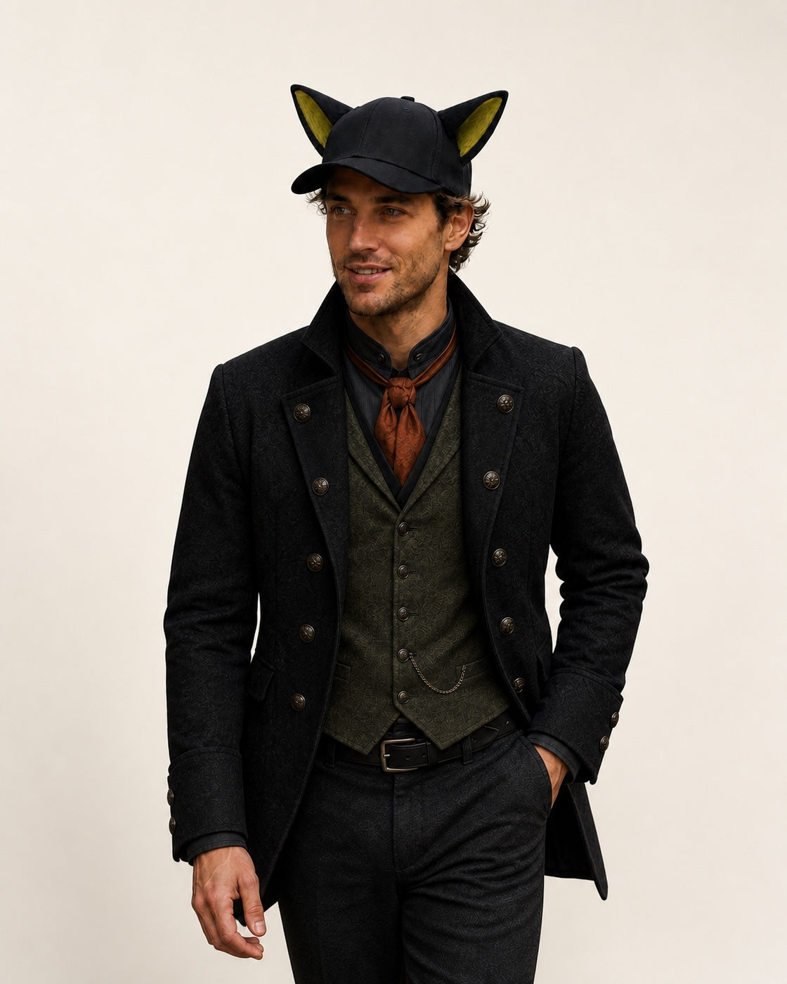 Man wearing a black animal-ear baseball cap with olive inner ears in a warm off-white studio portrait