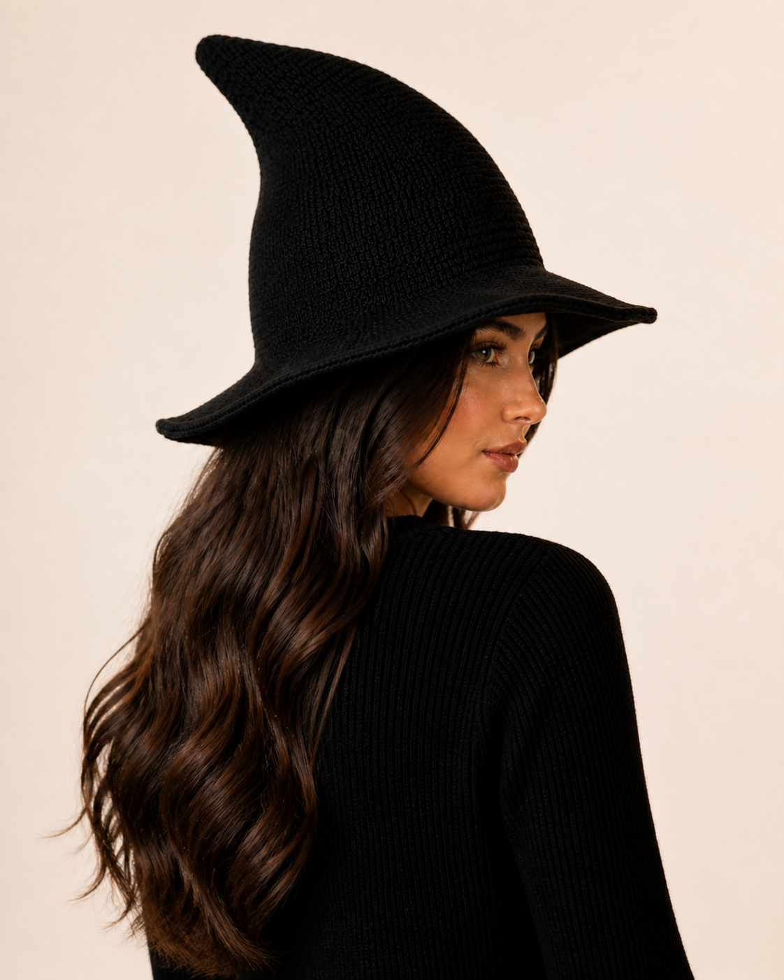 Knitted Halloween Witch Hat for Adults – Wool Blend, Wide Brim