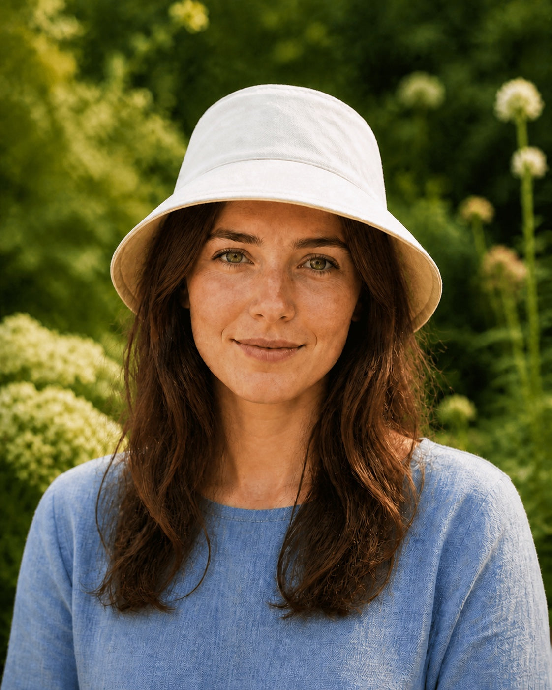 Woman wearing a beige bucket hat with camel lining – front view