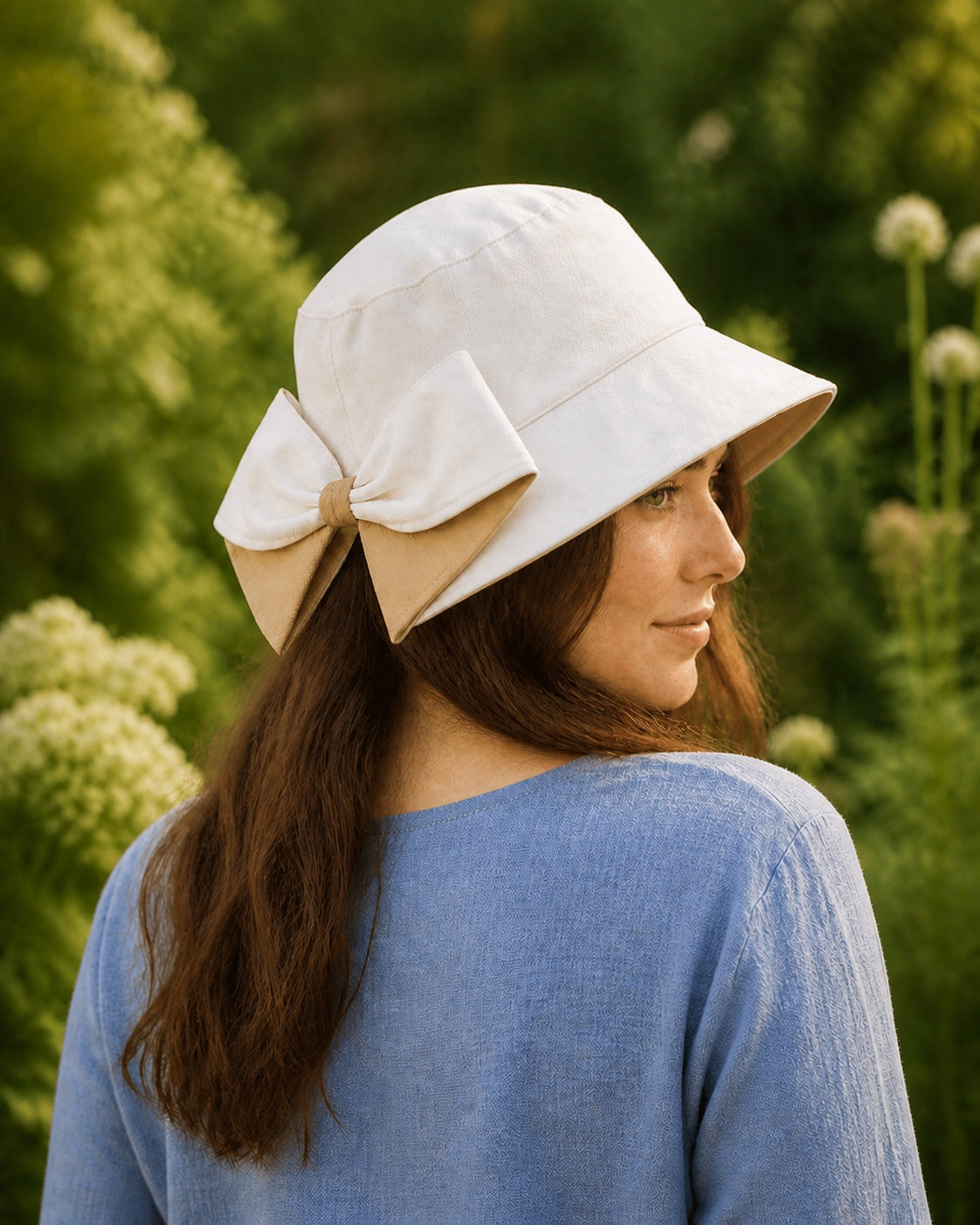 Woman wearing a beige bucket hat with ivory and camel bow – rear three-quarter view