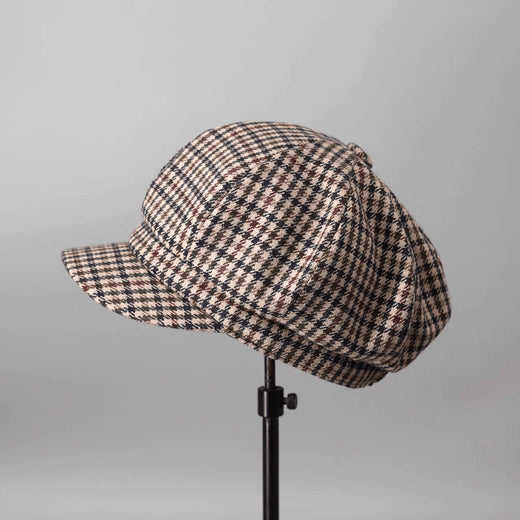 Plaid cotton newsboy cap in brown houndstooth — baker boy hat, apple jack hat style, adjustable unisex spring headwear