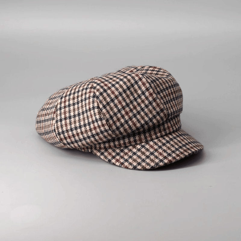 Plaid cotton newsboy cap in brown houndstooth — baker boy hat, apple jack hat style, adjustable unisex spring headwear