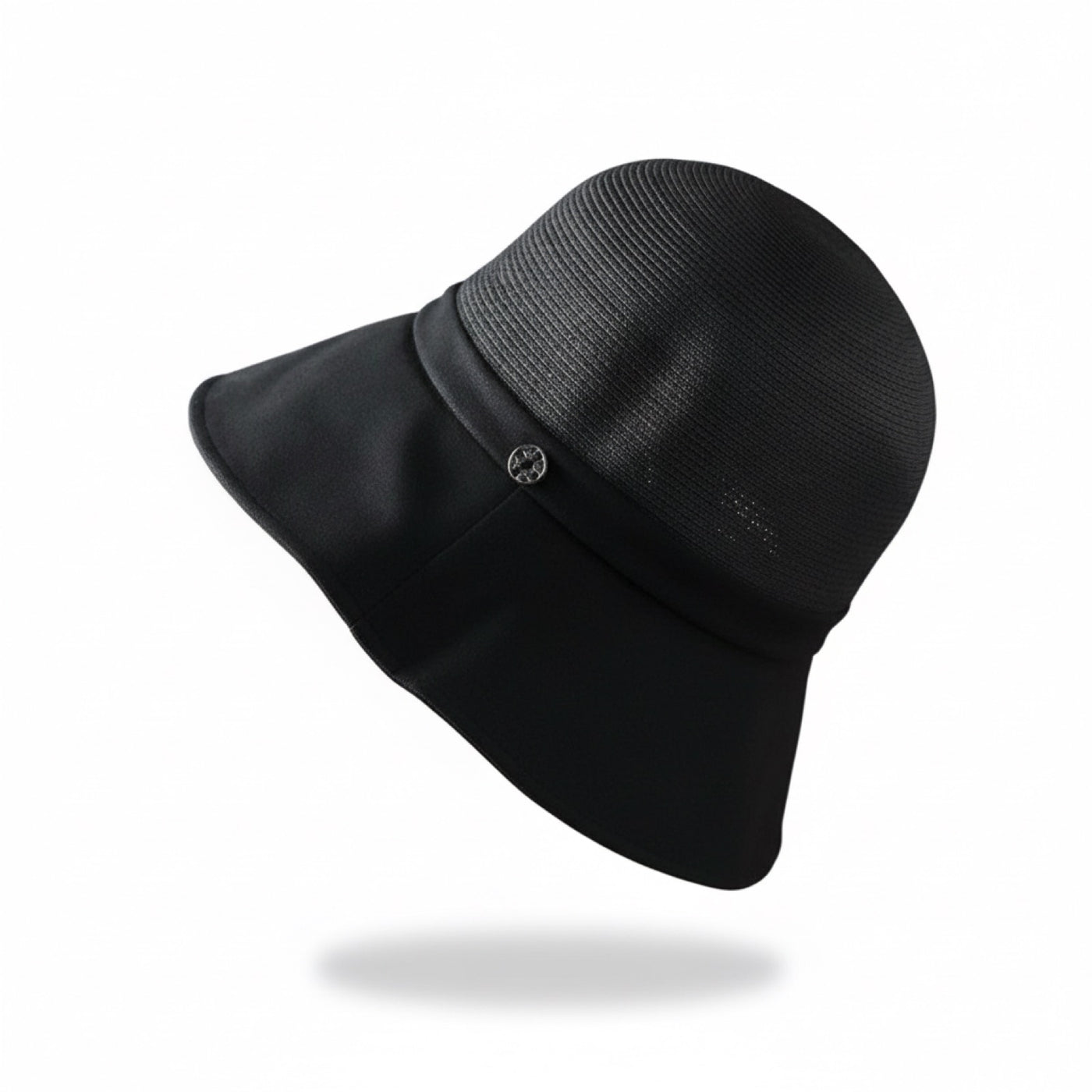 Straw Bucket Hat with Linen Band - Black, three-quarter view on white background