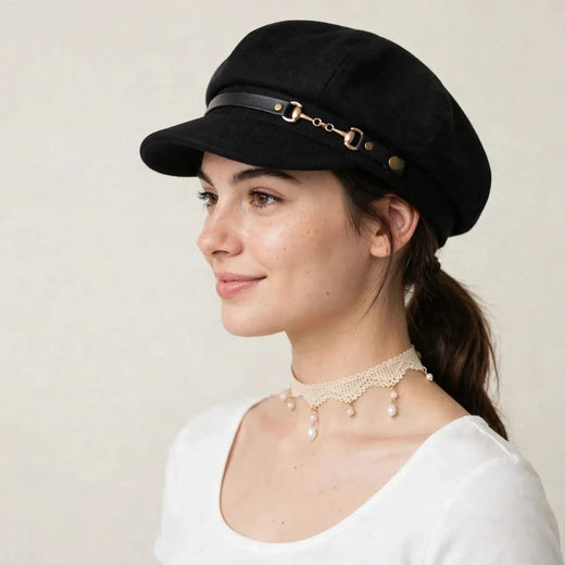 Black wool blend newsboy cap with gold-tone chain, worn by model, three-quarter view