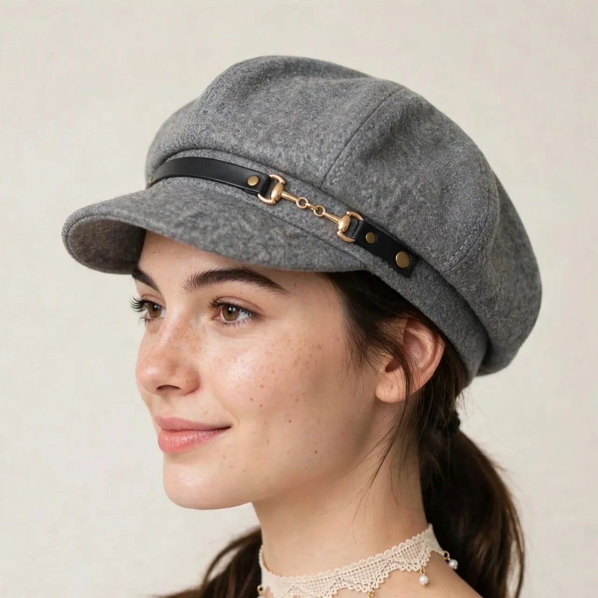 Gray wool blend newsboy cap with gold-tone chain, worn by model, three-quarter view