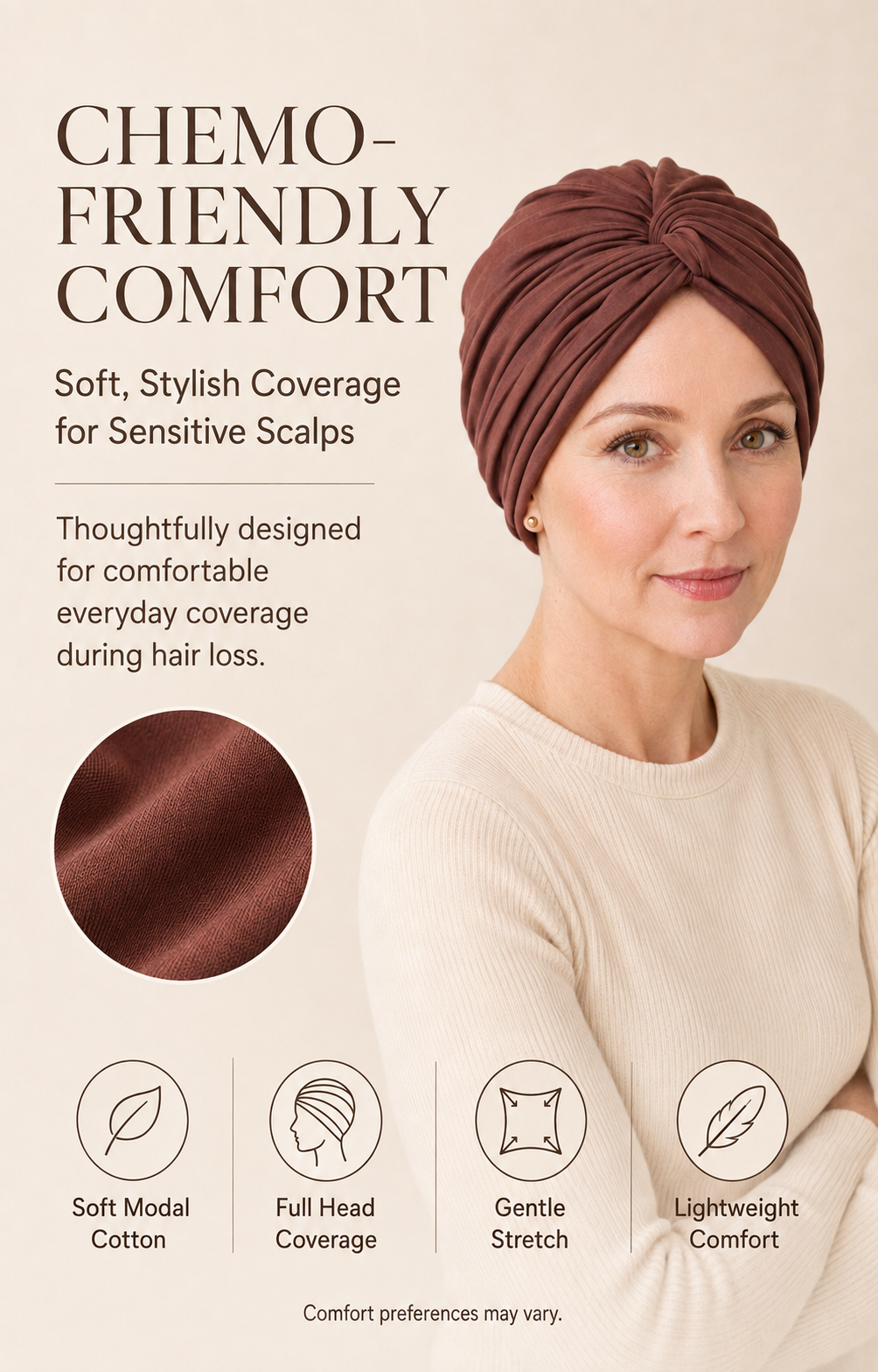 Chemo-friendly modal cotton turban comfort and full-head coverage features
