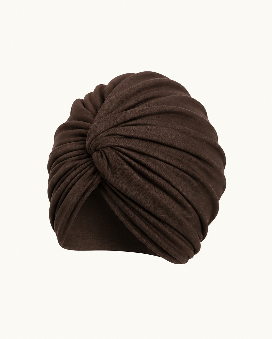 Chocolate modal cotton knot turban head wrap on an off-white background