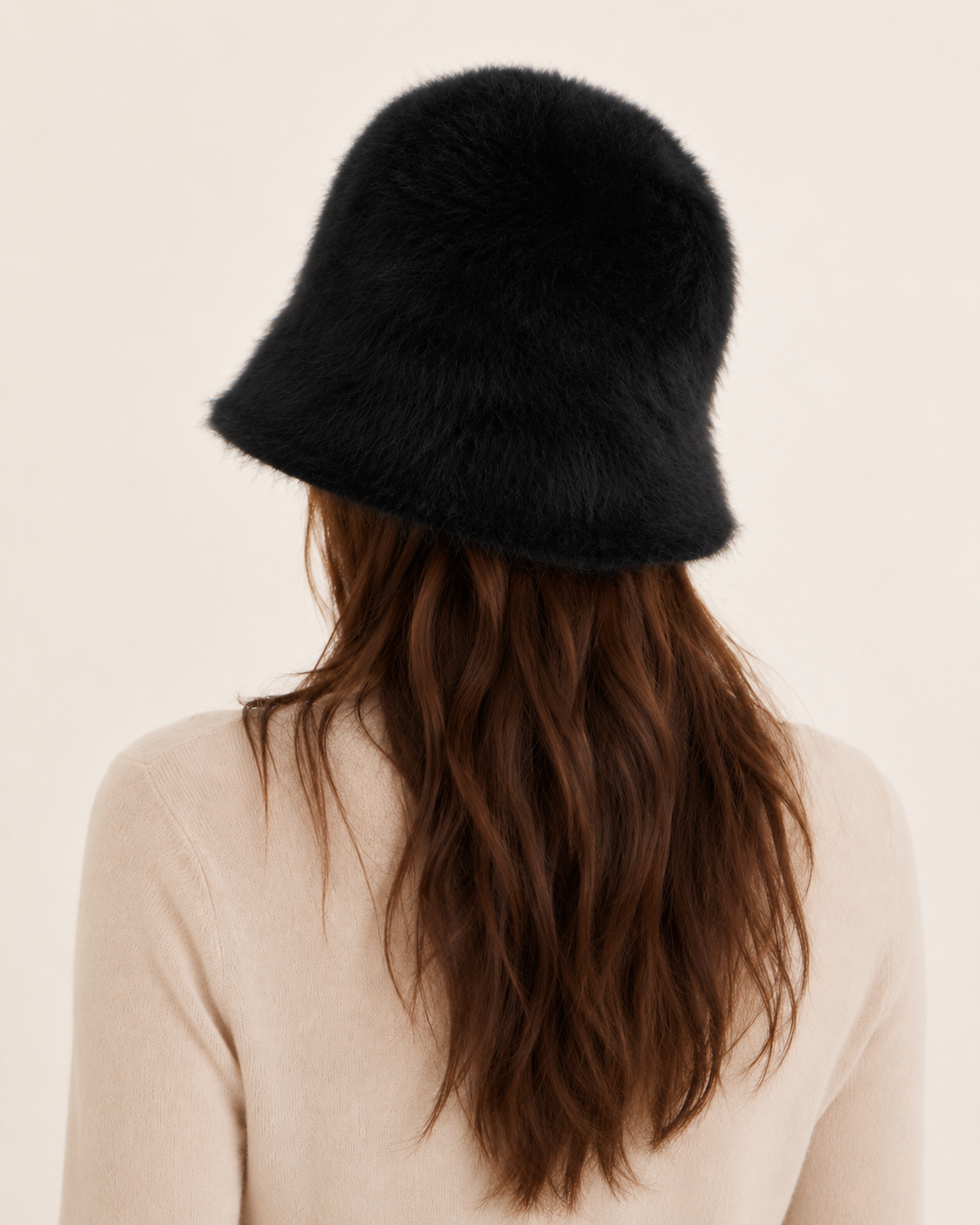 Classic black rabbit-hair blend bucket hat on a woman, back view