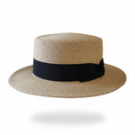 Classic Straw Boater Hat in Khaki with Black Ribbon - Angled View