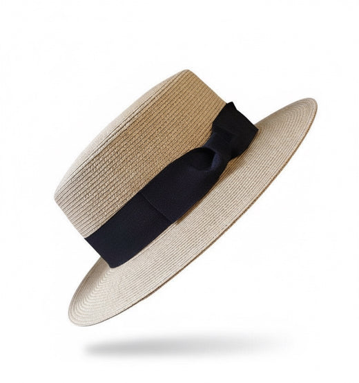 Classic Straw Boater Hat in Khaki with Black Ribbon - Front View
