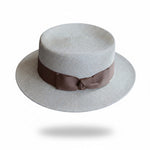 Classic Straw Boater Hat in Khaki with Brown Ribbon