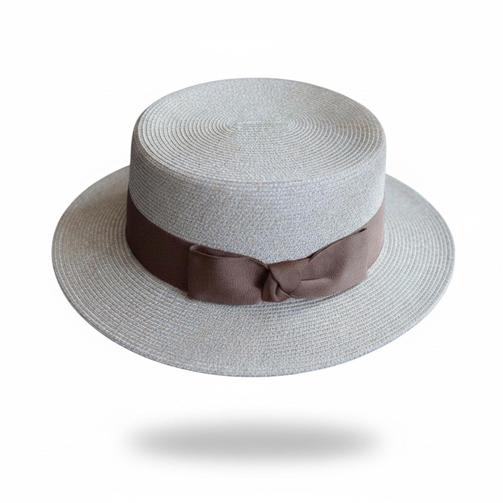 Classic Straw Boater Hat in Khaki with Brown Ribbon