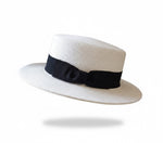 Classic Straw Boater Hat in White with Black Ribbon - Side View