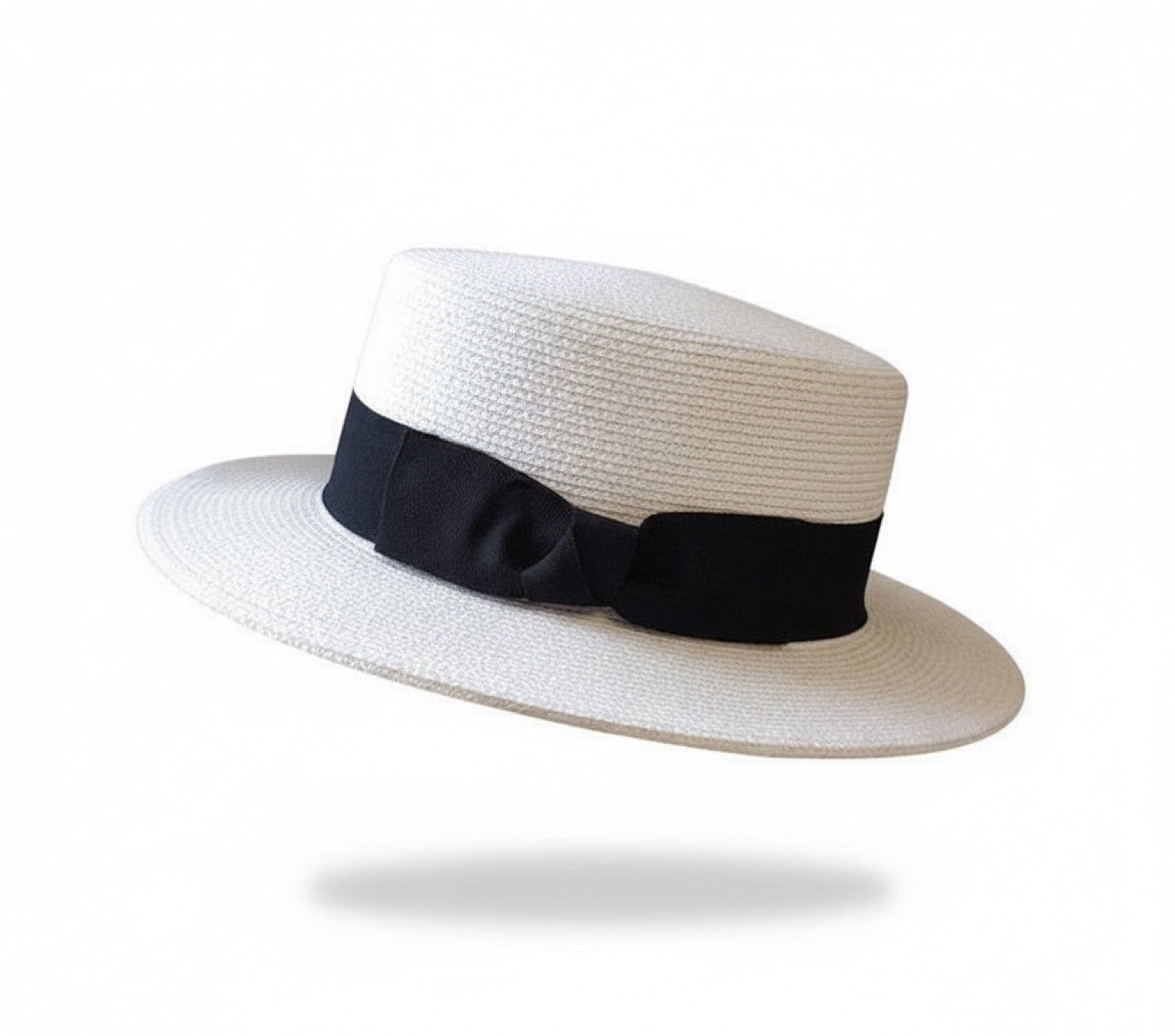Classic Straw Boater Hat in White with Black Ribbon - Side View