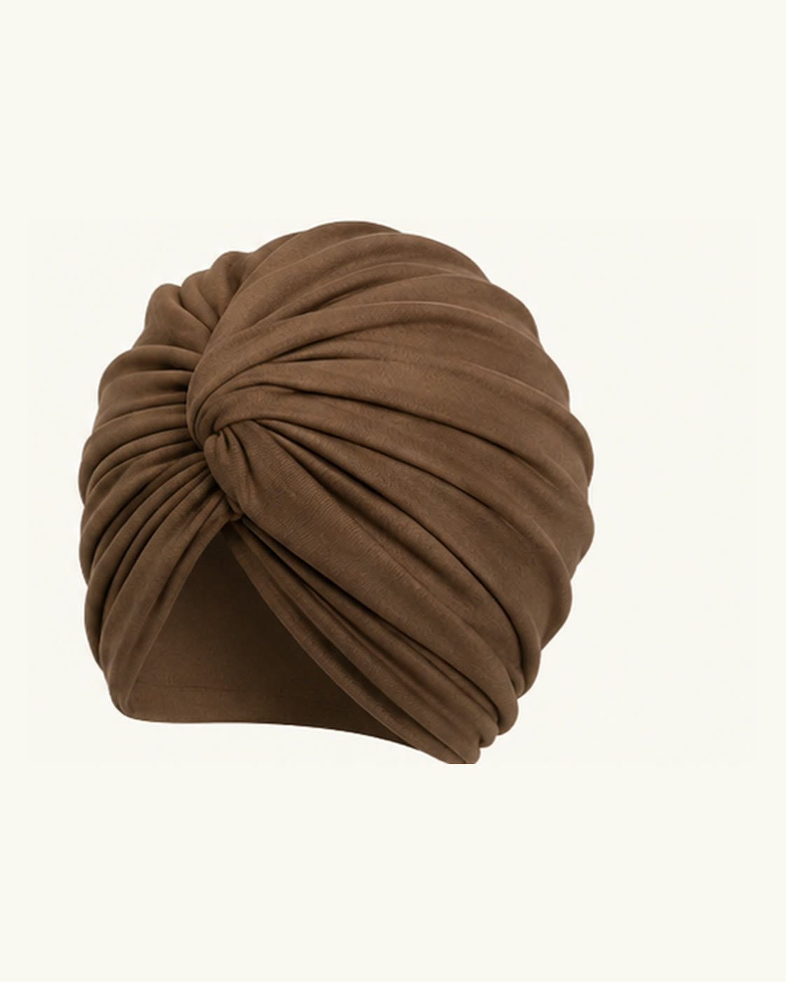 Coffee modal cotton knot turban head wrap on an off-white background