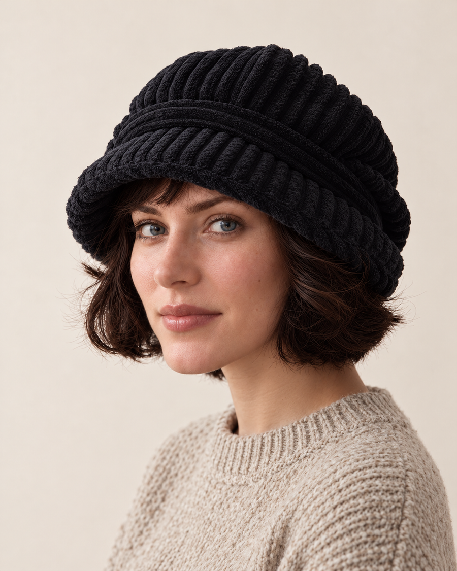 Black corduroy hat on model, main view