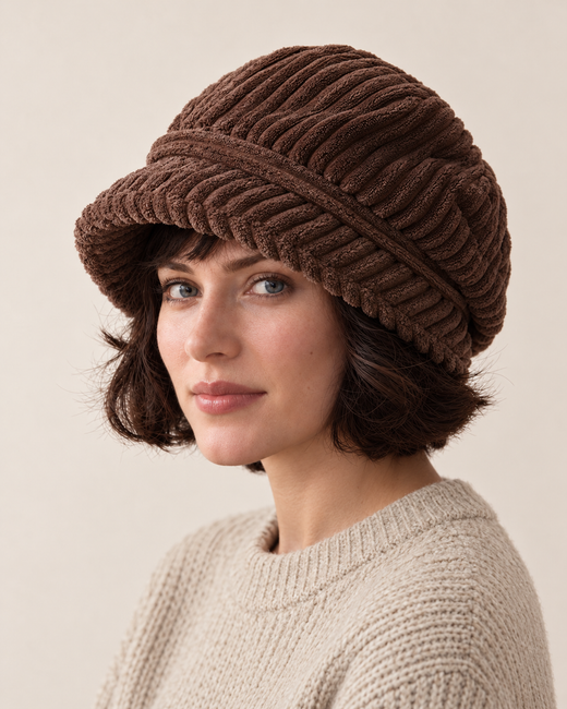 Corduroy hat on model, brown main