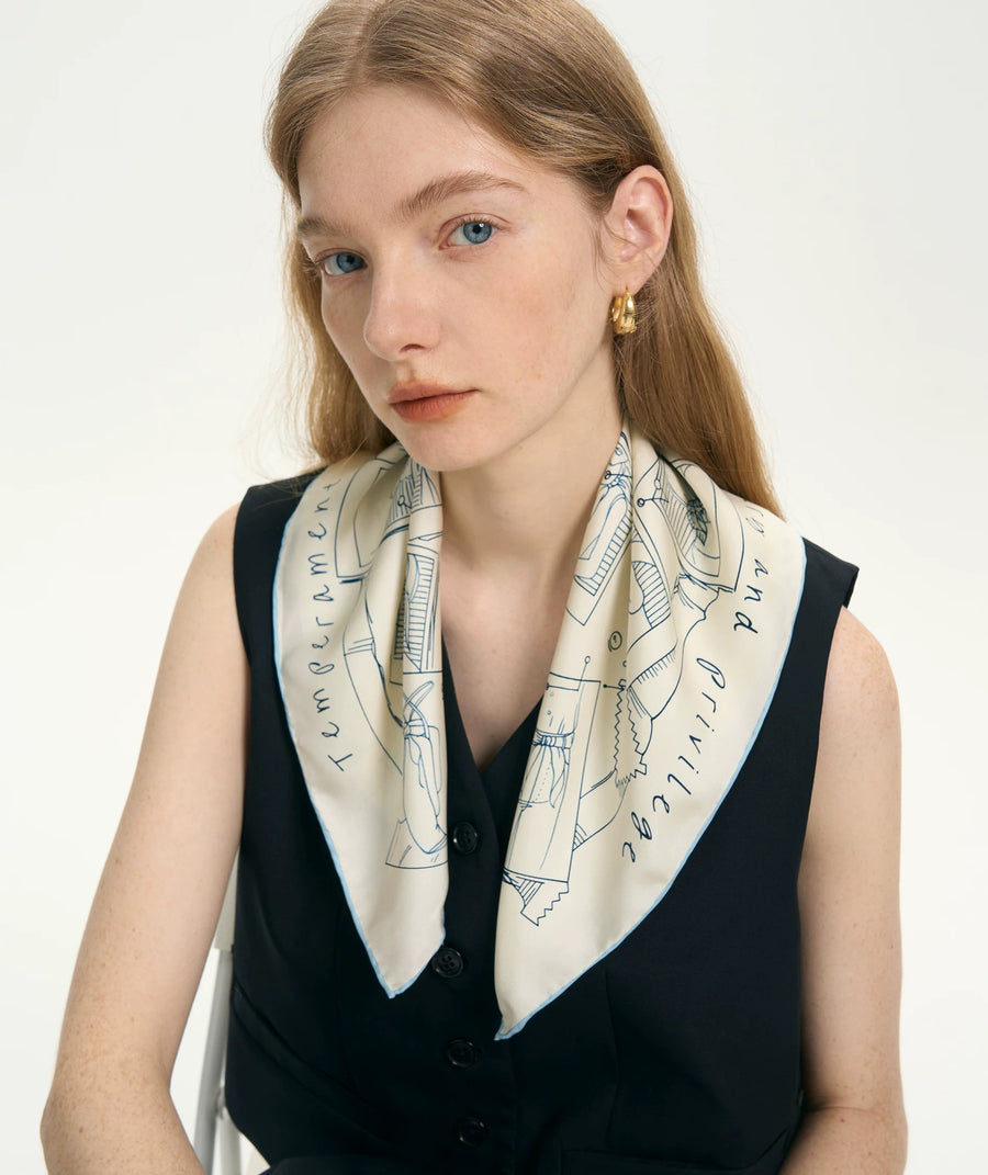 100% twill mulberry silk 50cm square scarf, styled