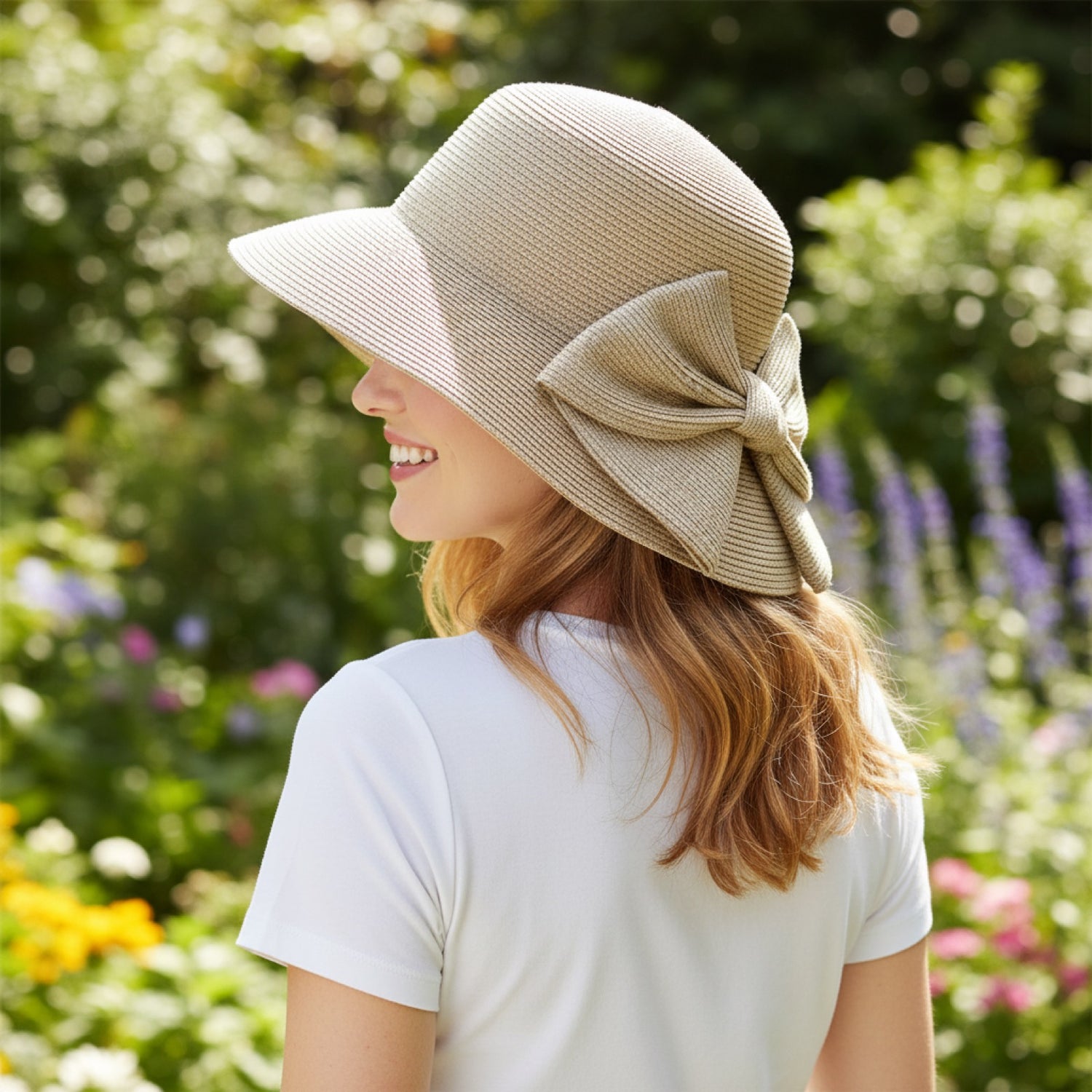 Woman Wearing Wide Brim Straw Hat with Bow - Back View Showing Bow