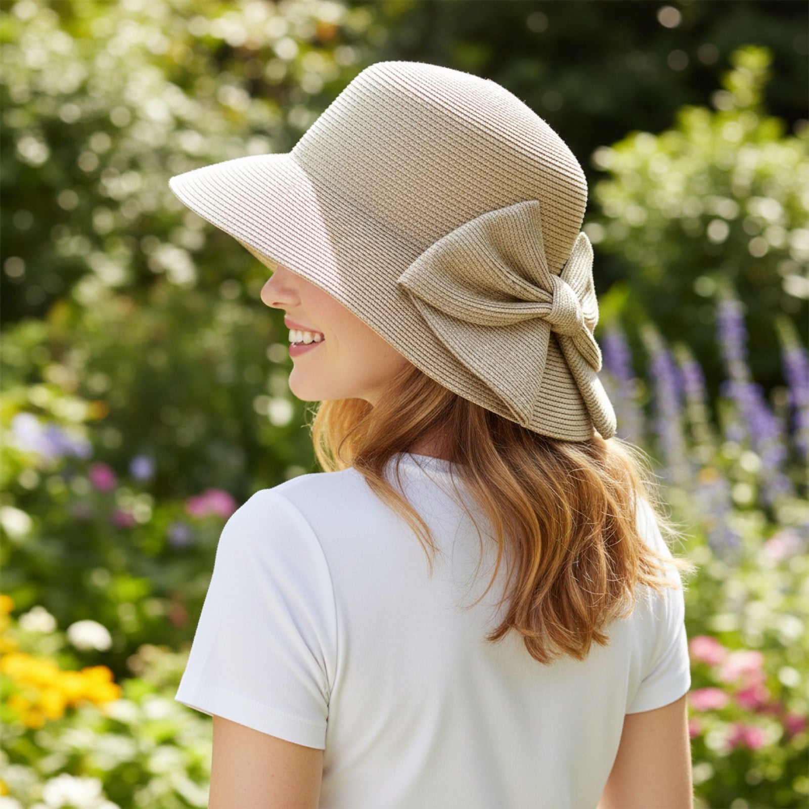 Woman Wearing Wide Brim Straw Hat with Bow - Back View Showing Bow