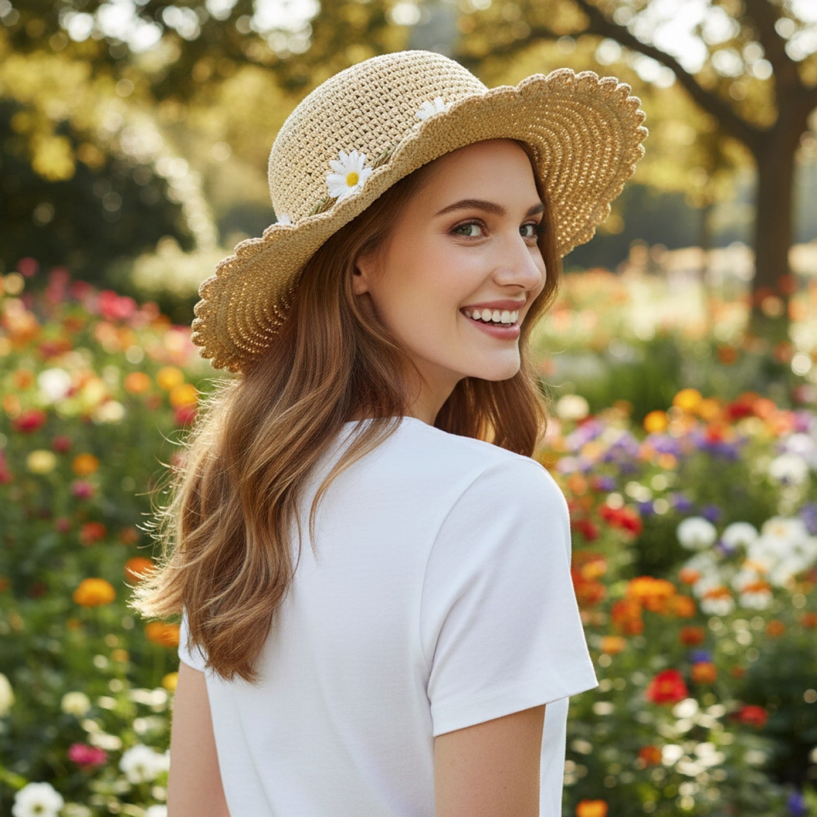 Back View of Woman in Daisy Straw Hat - Wide Scalloped Brim with Daisy Decoration