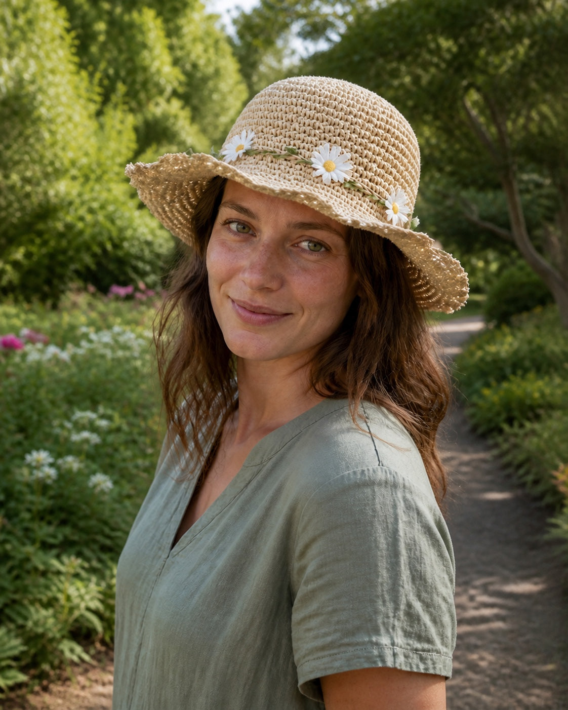 Daisy Straw Sun Hat on woman in botanical garden - elevated front view