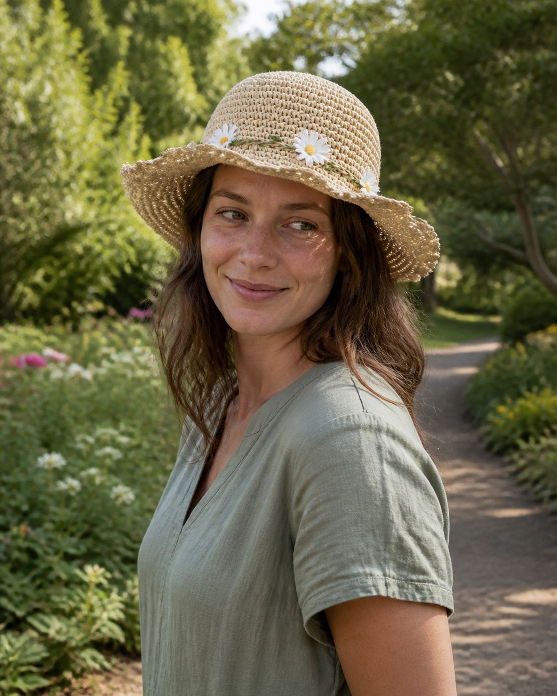 Daisy Straw Sun Hat on woman in botanical garden - natural front view