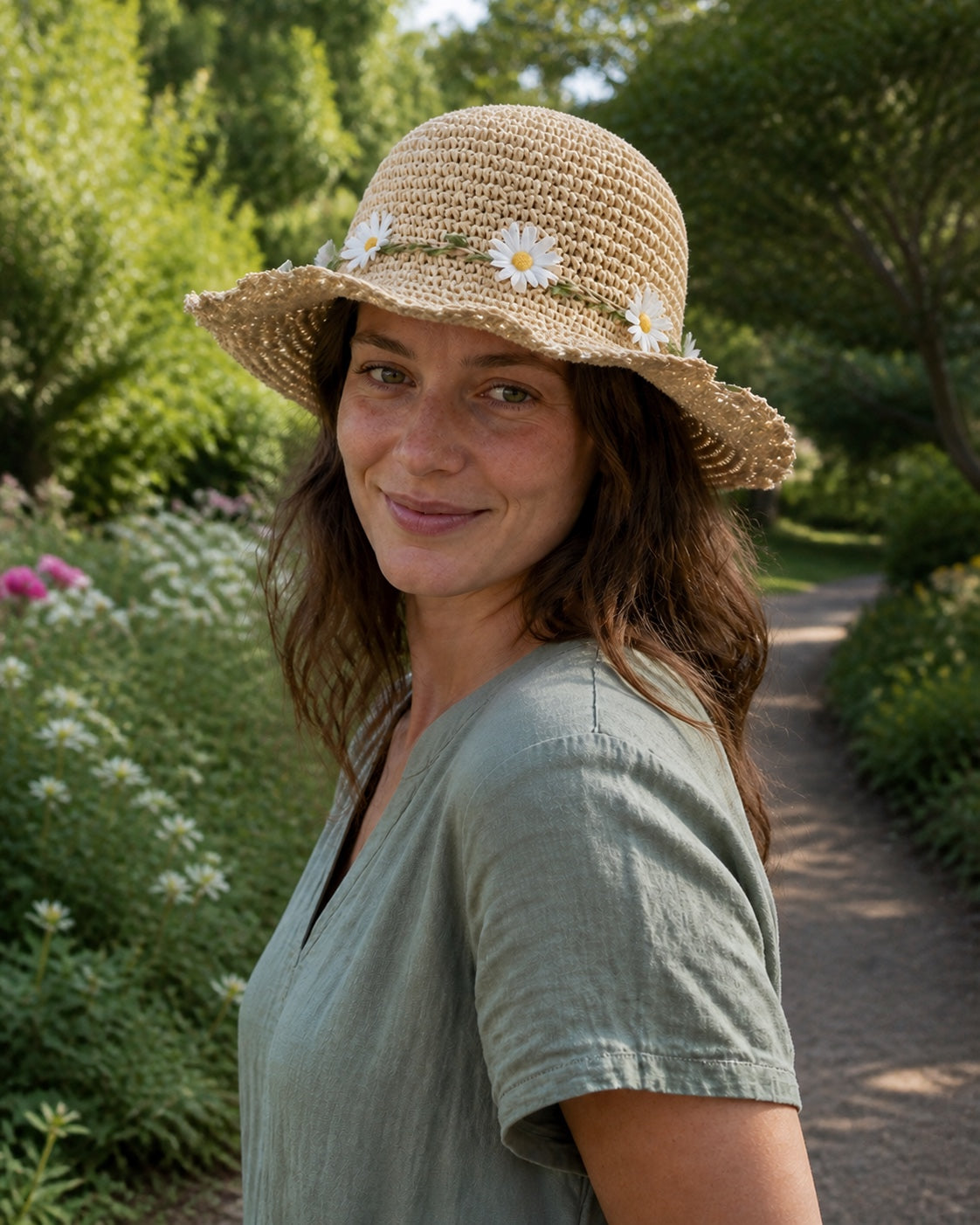 Daisy Straw Sun Hat on woman in botanical garden - left three-quarter view