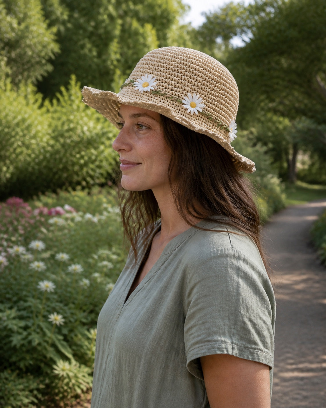 Daisy Straw Sun Hat on woman in botanical garden - right profile view
