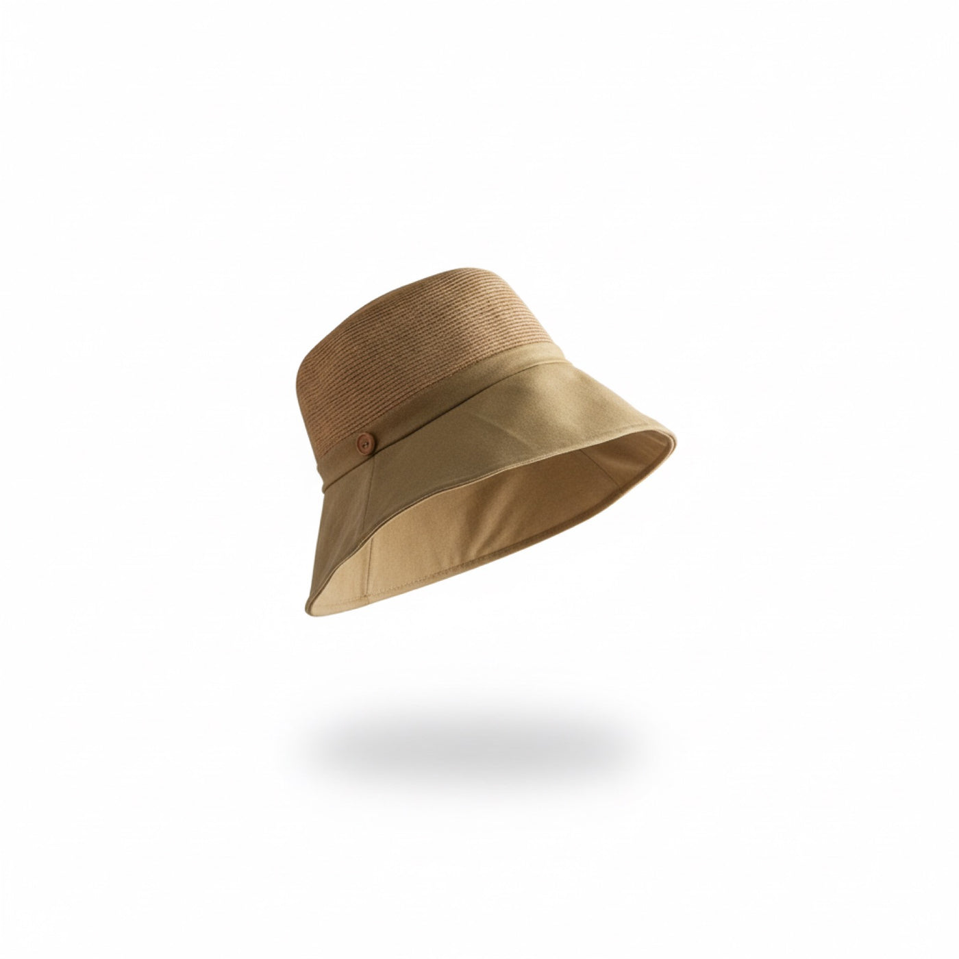 Straw Bucket Hat with Linen Band - Camel, front on mannequin