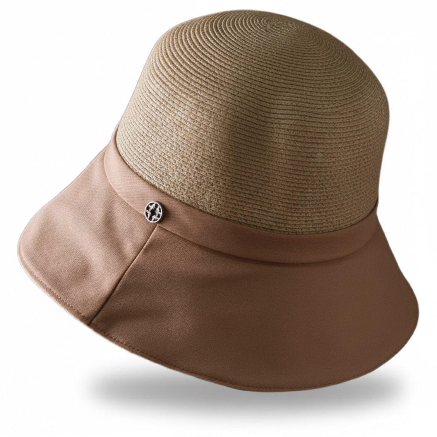 Straw Bucket Hat with Linen Band - Camel, front view on white background