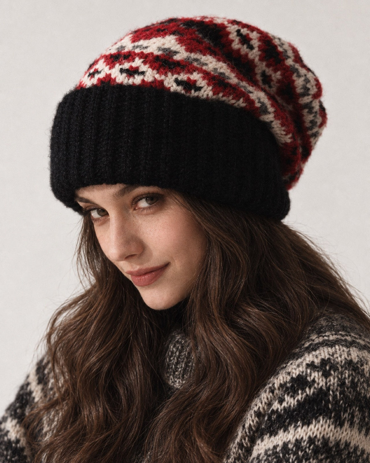 Young woman wearing the Black Fair Isle oversized slouchy beanie, three-quarter studio portrait