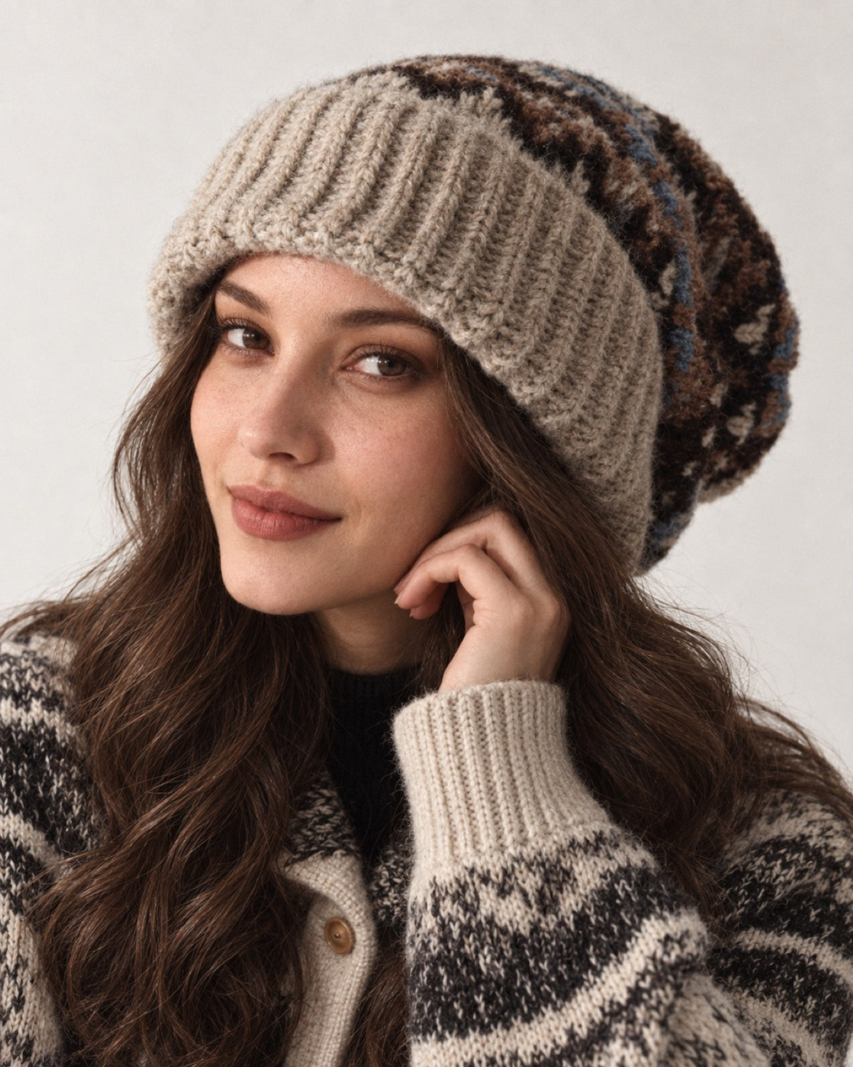 Young woman wearing the Khaki Fair Isle oversized slouchy beanie, front studio portrait