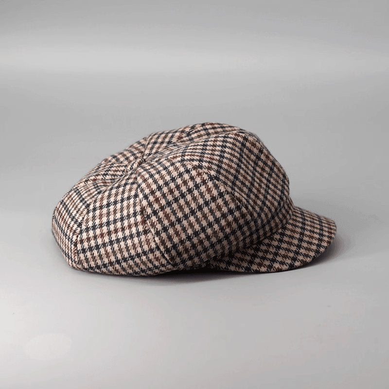 Plaid cotton newsboy cap in brown houndstooth — baker boy hat, apple jack hat style, adjustable unisex spring headwear