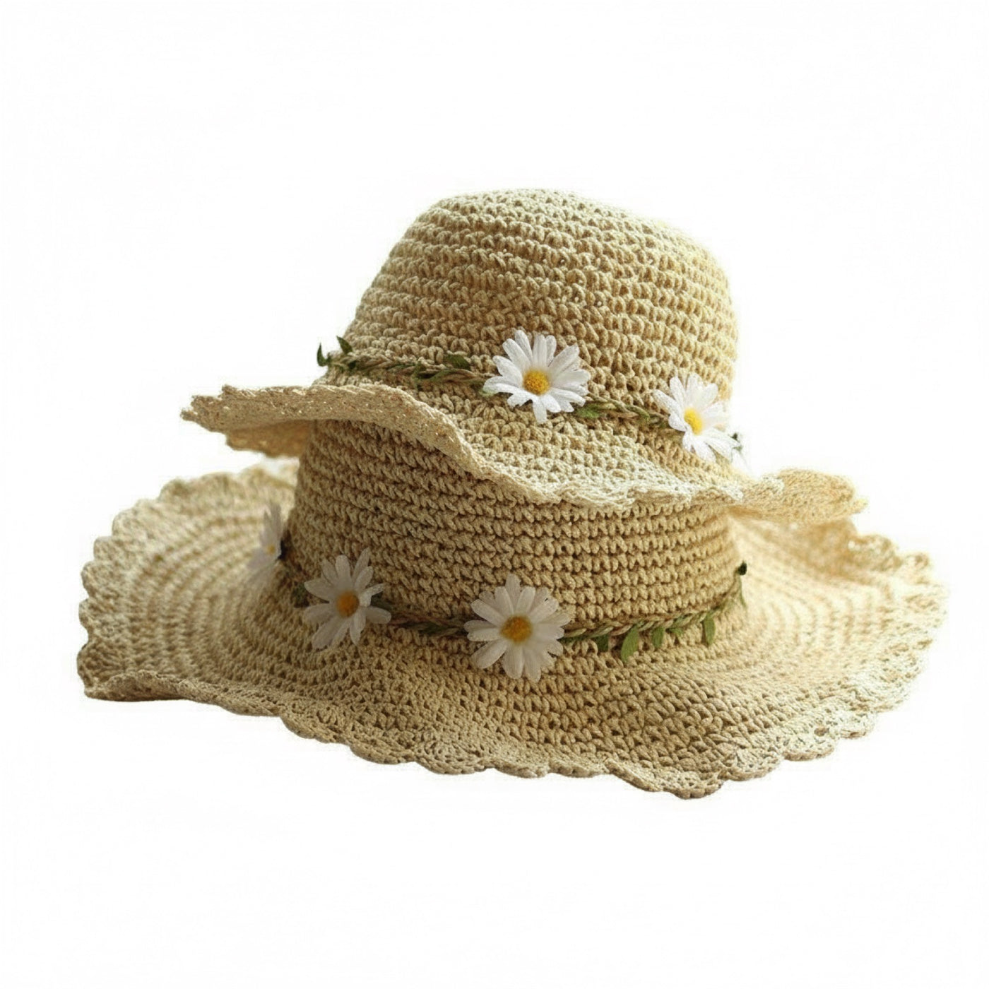 Matching Daisy Straw Hat Set for Mom and Girl - Natural Straw Wide Brim Sun Hats