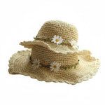 Matching Daisy Straw Hat Set for Mom and Girl - Natural Straw Wide Brim Sun Hats
