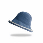 Embroidered Brim Straw Hat - Blue Angled View