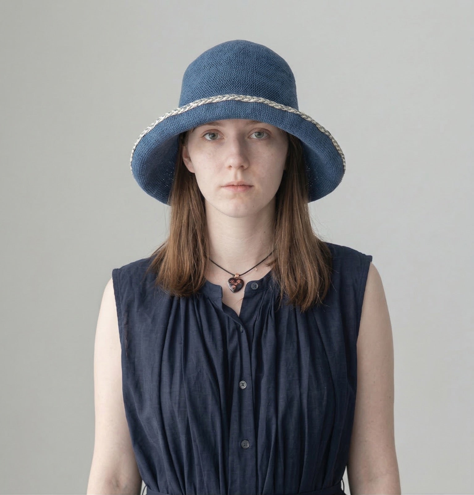 Embroidered Brim Straw Hat - Model Wearing Front View