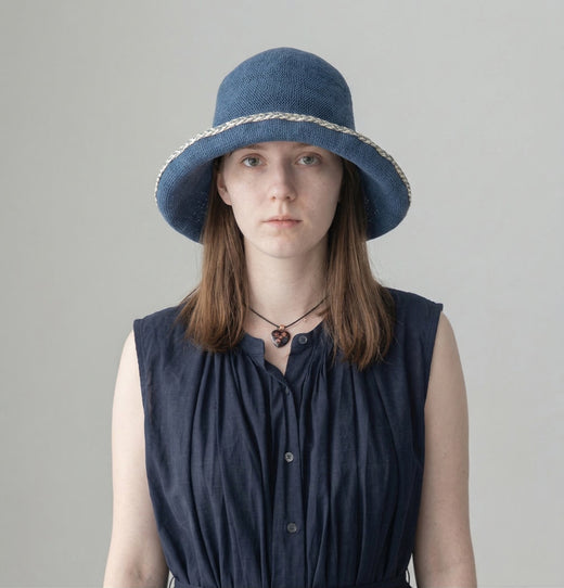 Embroidered Brim Straw Hat - Model Wearing Front View