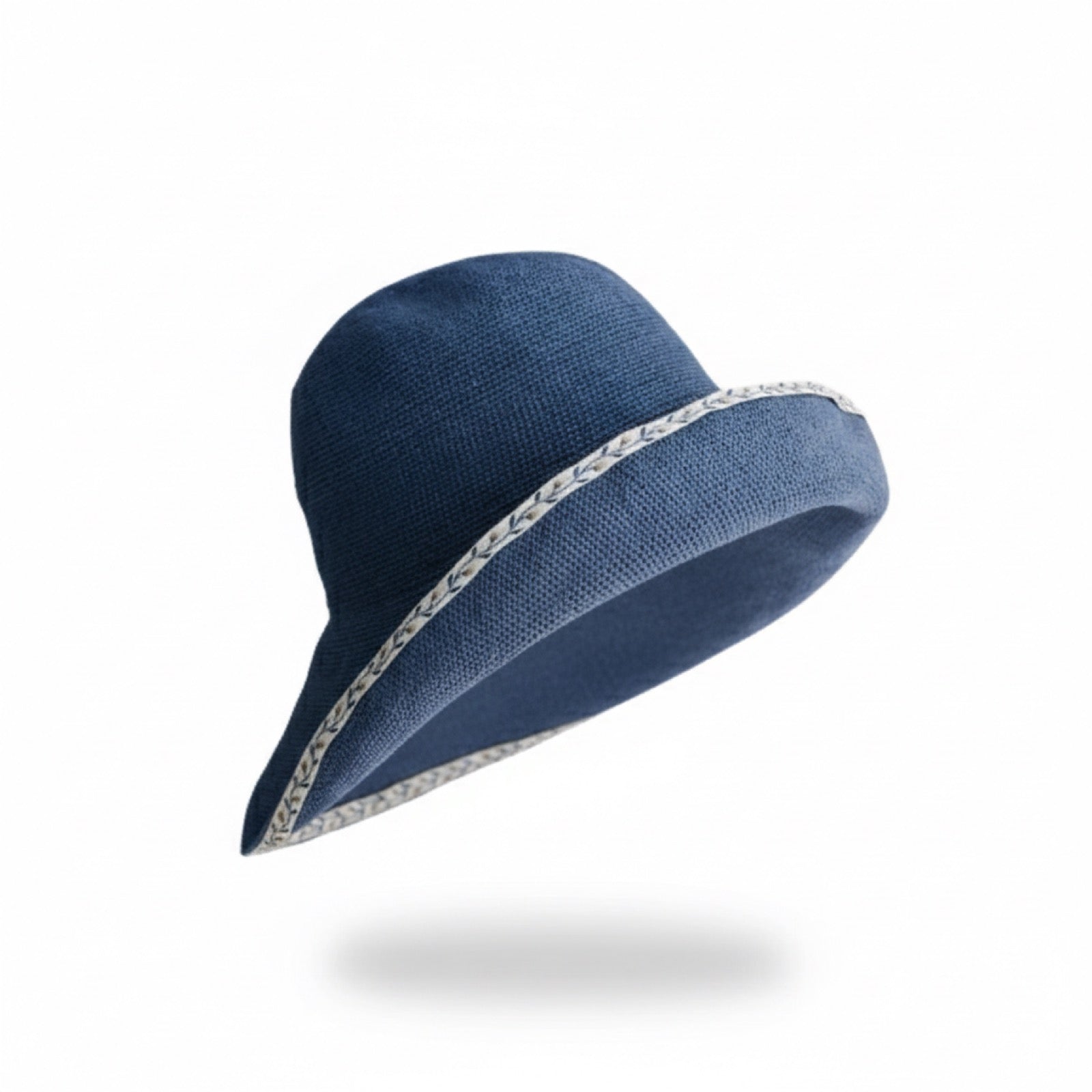 Embroidered Brim Straw Hat - Blue Side View