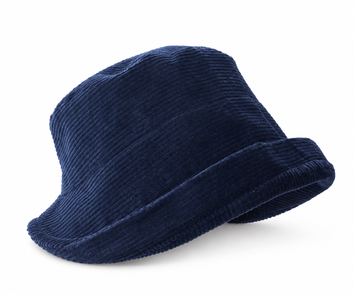 Navy blue white background product photo — corduroy asymmetric brim bucket hat, no metal badge
