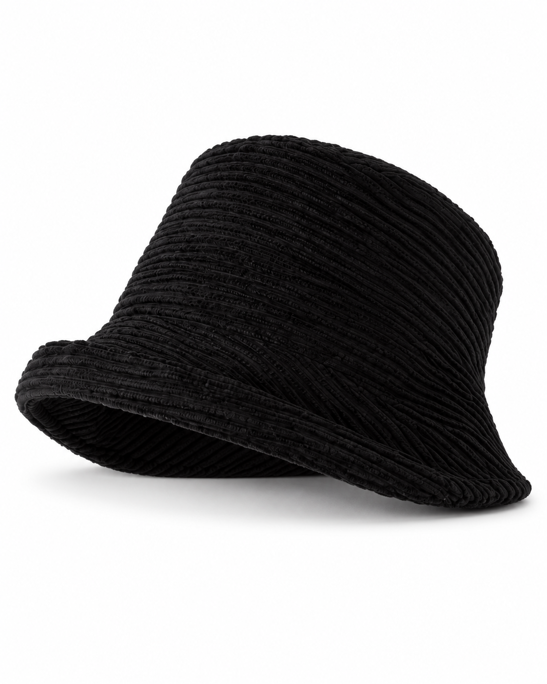Black white background product photo — corduroy asymmetric brim bucket hat, no metal badge
