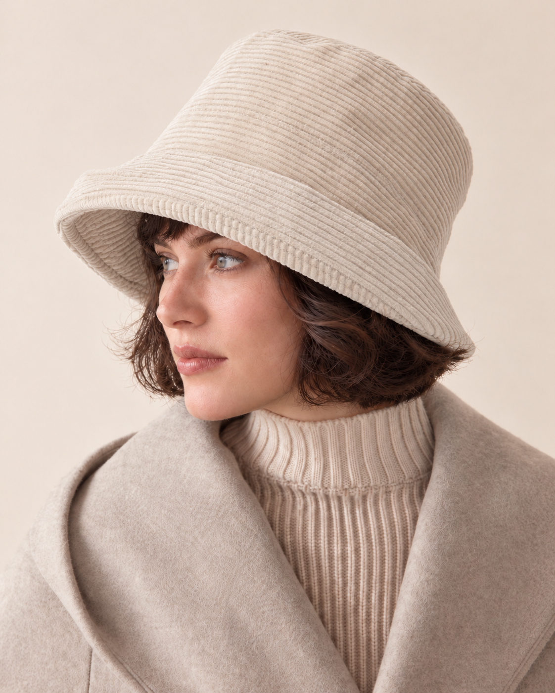 ivory corduroy asymmetric brim bucket hat without metal badge on short-haired female model