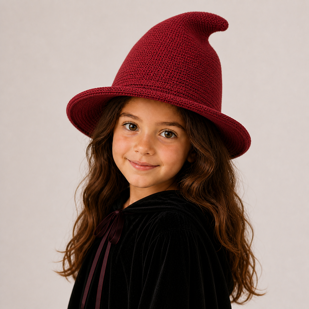 A young girl with long brown hair wearing a pointed burgundy knit witch hat and a black velvet costume top, photographed against a plain light beige studio background.