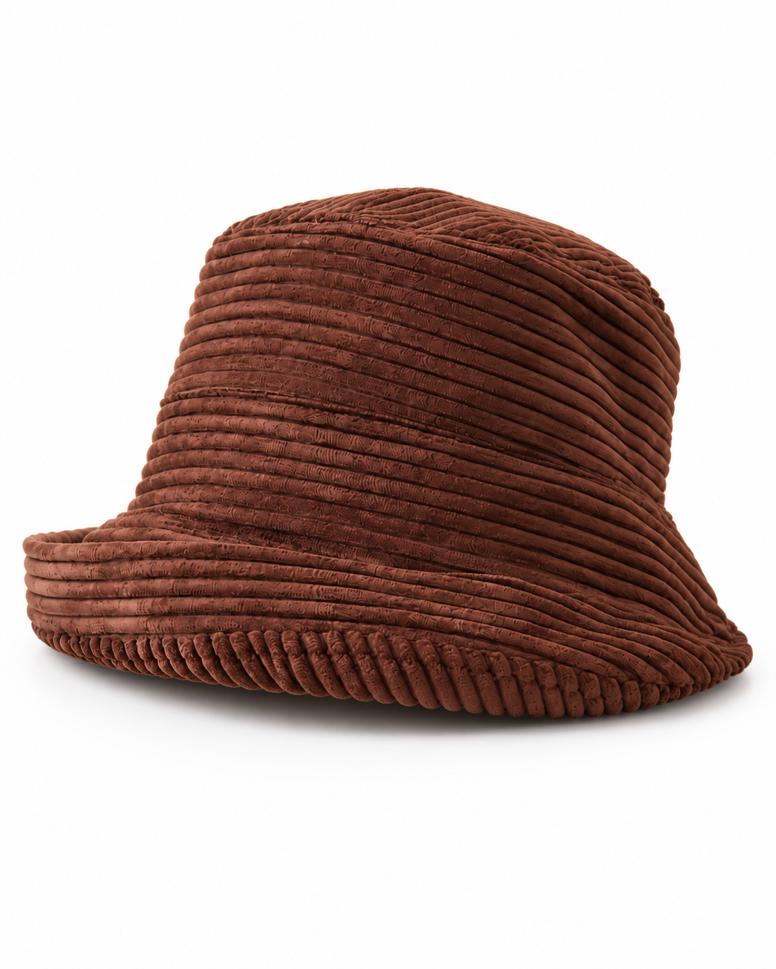 Chestnut brown white background product photo — corduroy asymmetric brim bucket hat, no metal badge