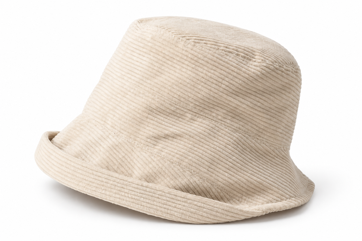 Ivory beige white background product photo — corduroy asymmetric brim bucket hat, no metal badge