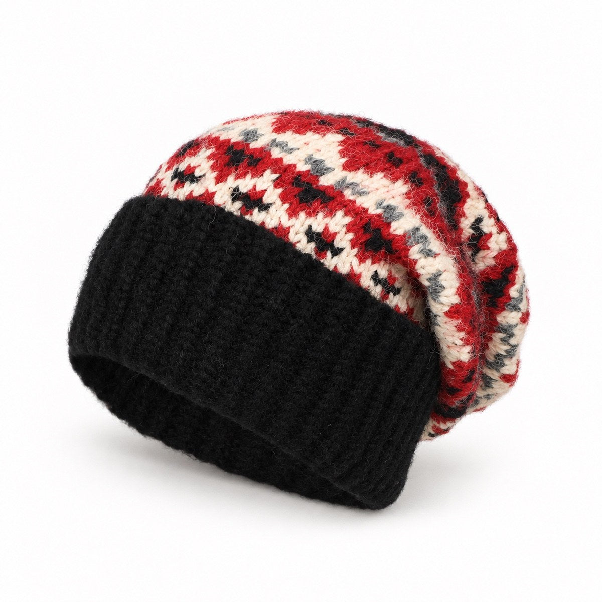 Black Fair Isle oversized slouchy beanie on a white studio background