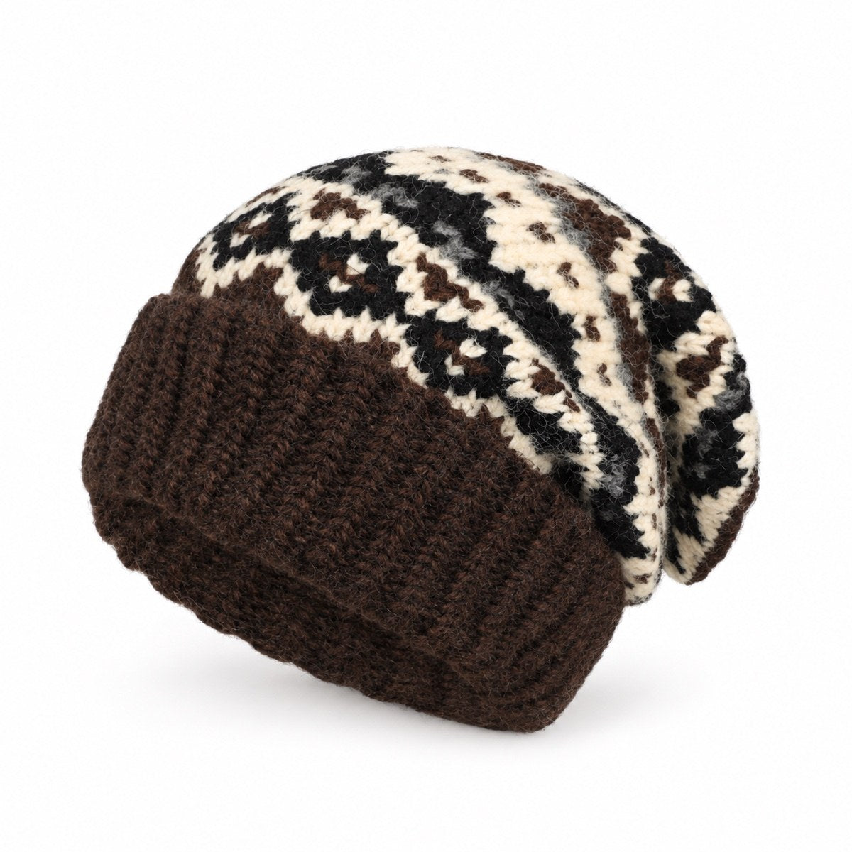 Coffee Fair Isle oversized slouchy beanie on a white studio background
