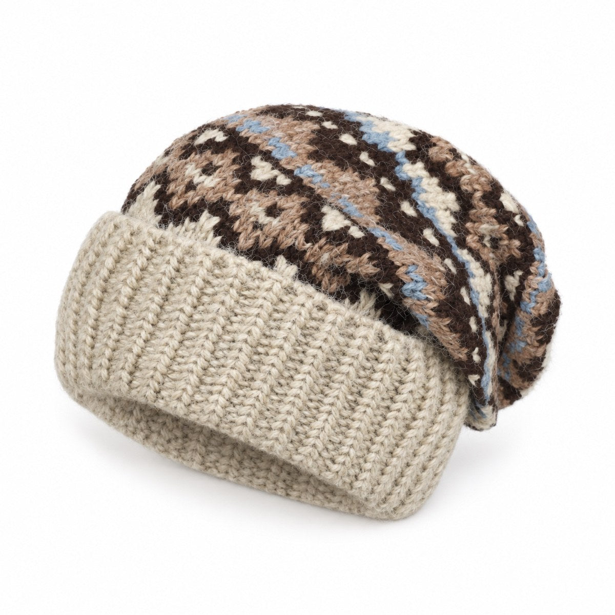 Khaki Fair Isle oversized slouchy beanie on a white studio background